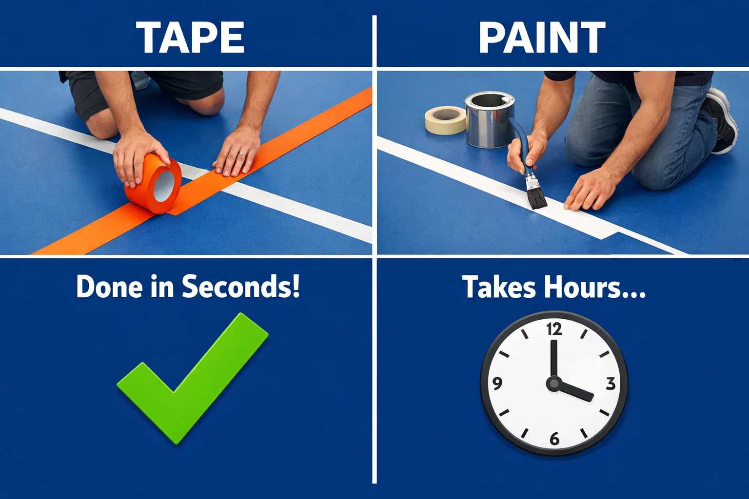 Comparacion entre pintura y cinta para marcar canchas.